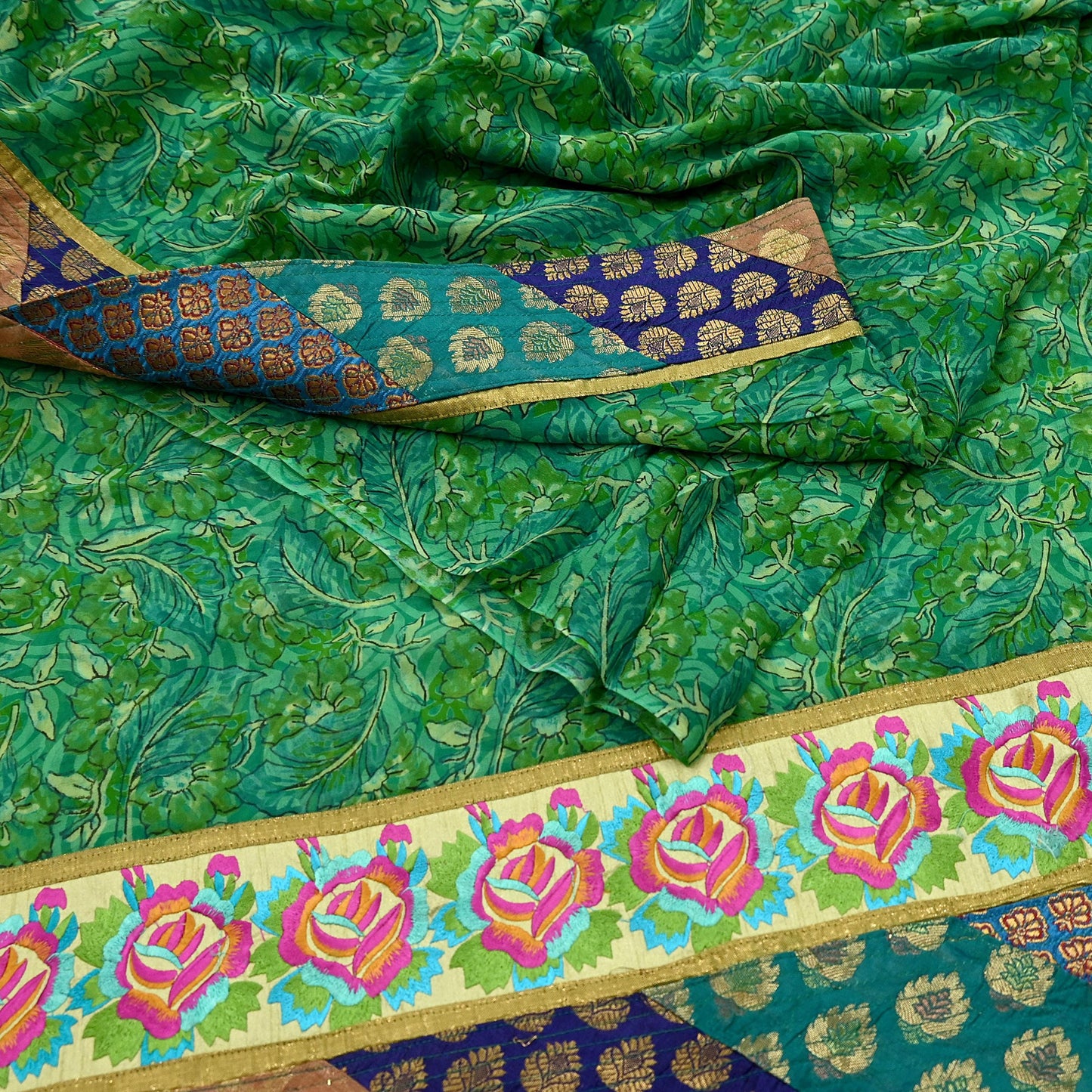 Indian Vintage Green Saree Pure Georgette Silk Printed Sari Craft Fabric 5Yd Ethnic Soft Dress making Crafting Quilting