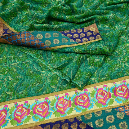 Indian Vintage Green Saree Pure Georgette Silk Printed Sari Craft Fabric 5Yd Ethnic Soft Dress making Crafting Quilting