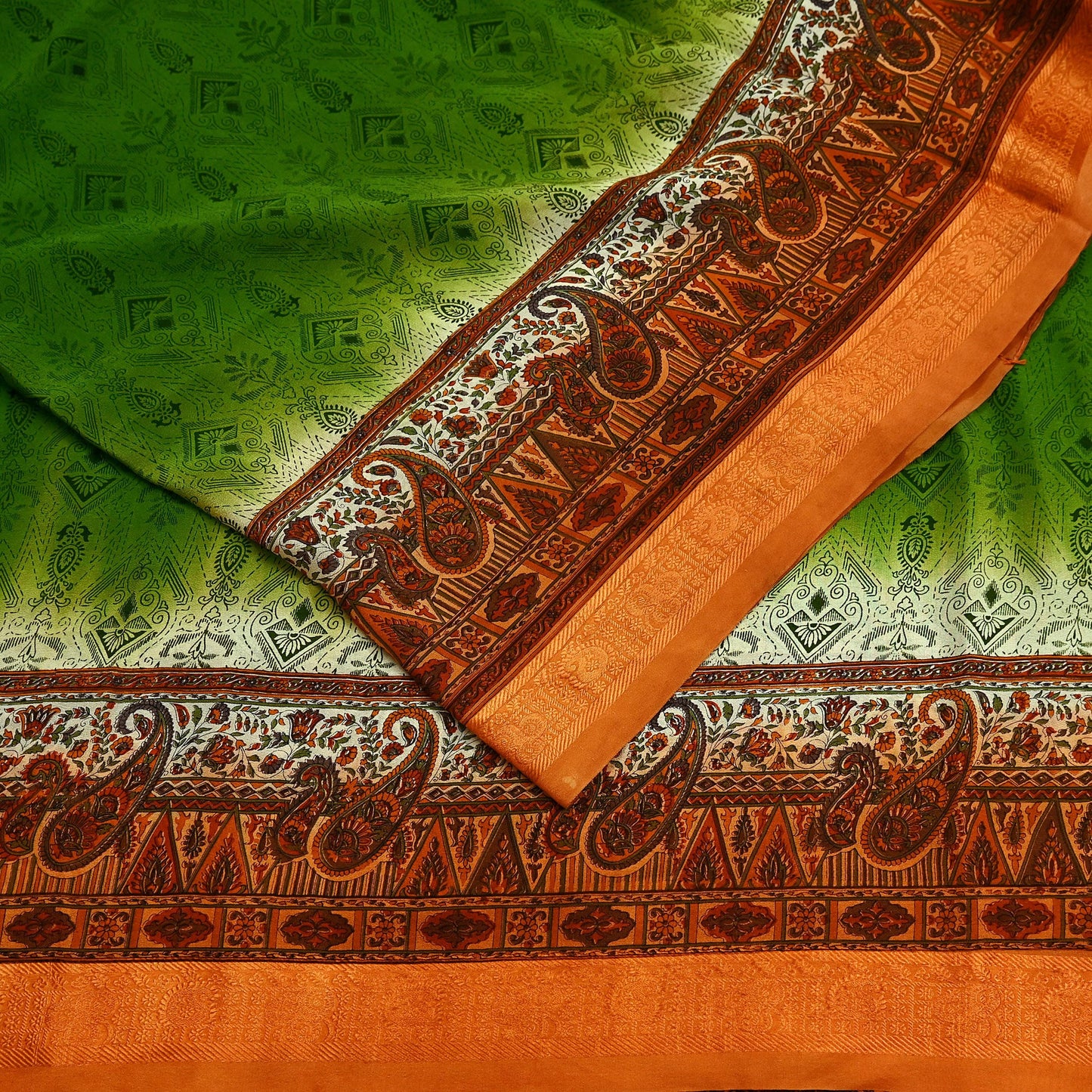 Indian Vintage Sari Green & Orange Printed Pure Silk Sarees Craft Fabric 5yd Sewing  Dress Designing for Crafting Quilting Upcycle Wrap