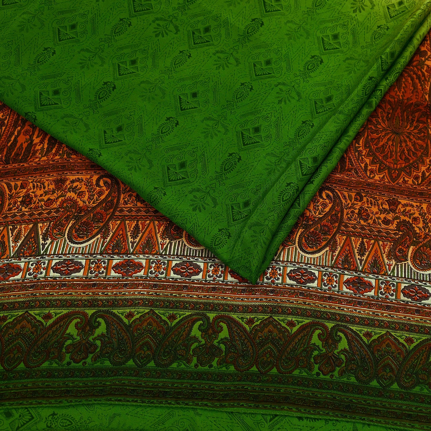 Indian Vintage Sari Green & Orange Printed Pure Silk Sarees Craft Fabric 5yd Sewing  Dress Designing for Crafting Quilting Upcycle Wrap
