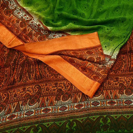 Indian Vintage Sari Green & Orange Printed Pure Silk Sarees Craft Fabric 5yd Sewing  Dress Designing for Crafting Quilting Upcycle Wrap