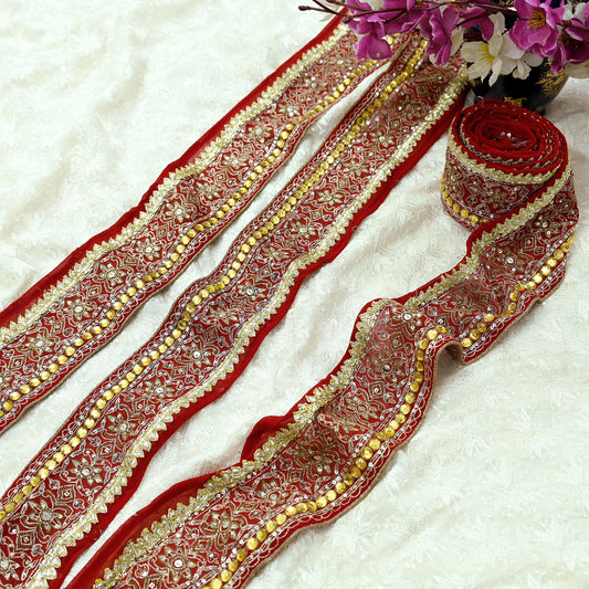 Indian Vintage Red Sari Border Hand Embroidered 1yd Craft Trim Lace Sewing Pure Georgette Silk Ribbon Recycled Sari Border Zari