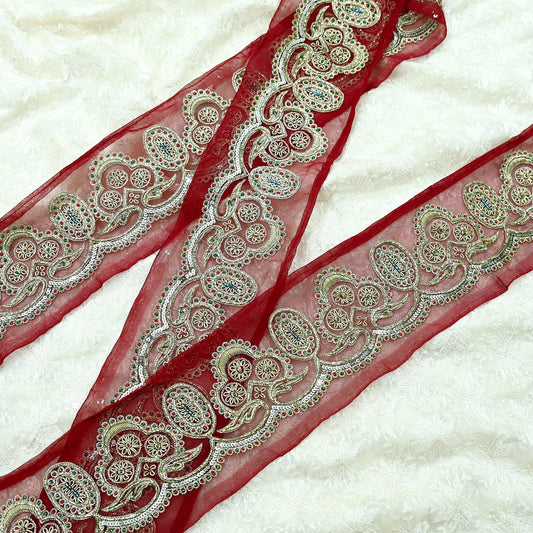 Indian Vintage Maroon Sari Border Hand Embroidered Ari Work 1yd Craft Trim Lace Sewing American Georgette Ribbon Recycled Sari Border Zari