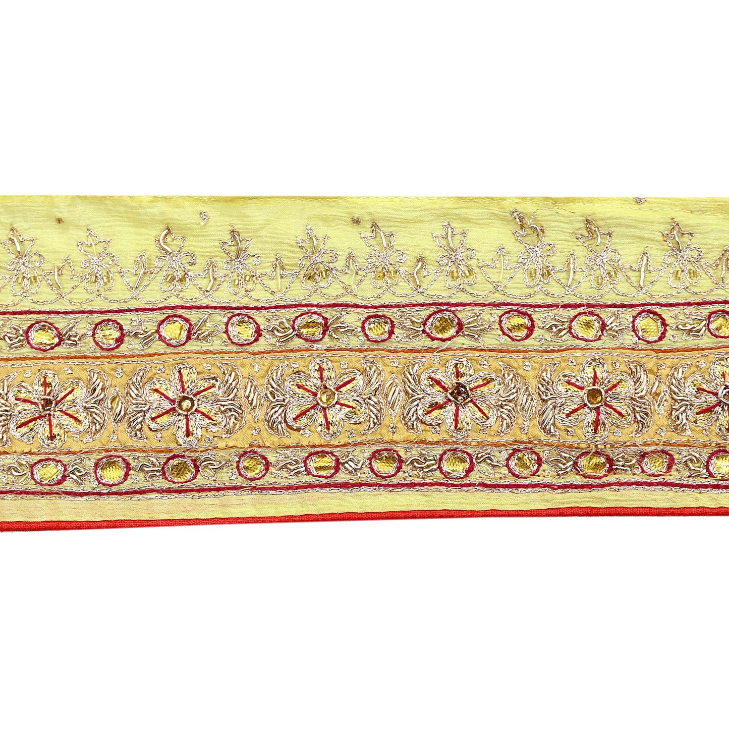 Indian Vintage Saree Border Yellow Hand Embroidered 1yd Craft Trim Lace Sewing Sari Ribbon Pure silk  Zardozi/Dabka