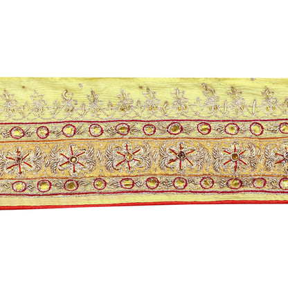 Indian Vintage Saree Border Yellow Hand Embroidered 1yd Craft Trim Lace Sewing Sari Ribbon Pure silk  Zardozi/Dabka
