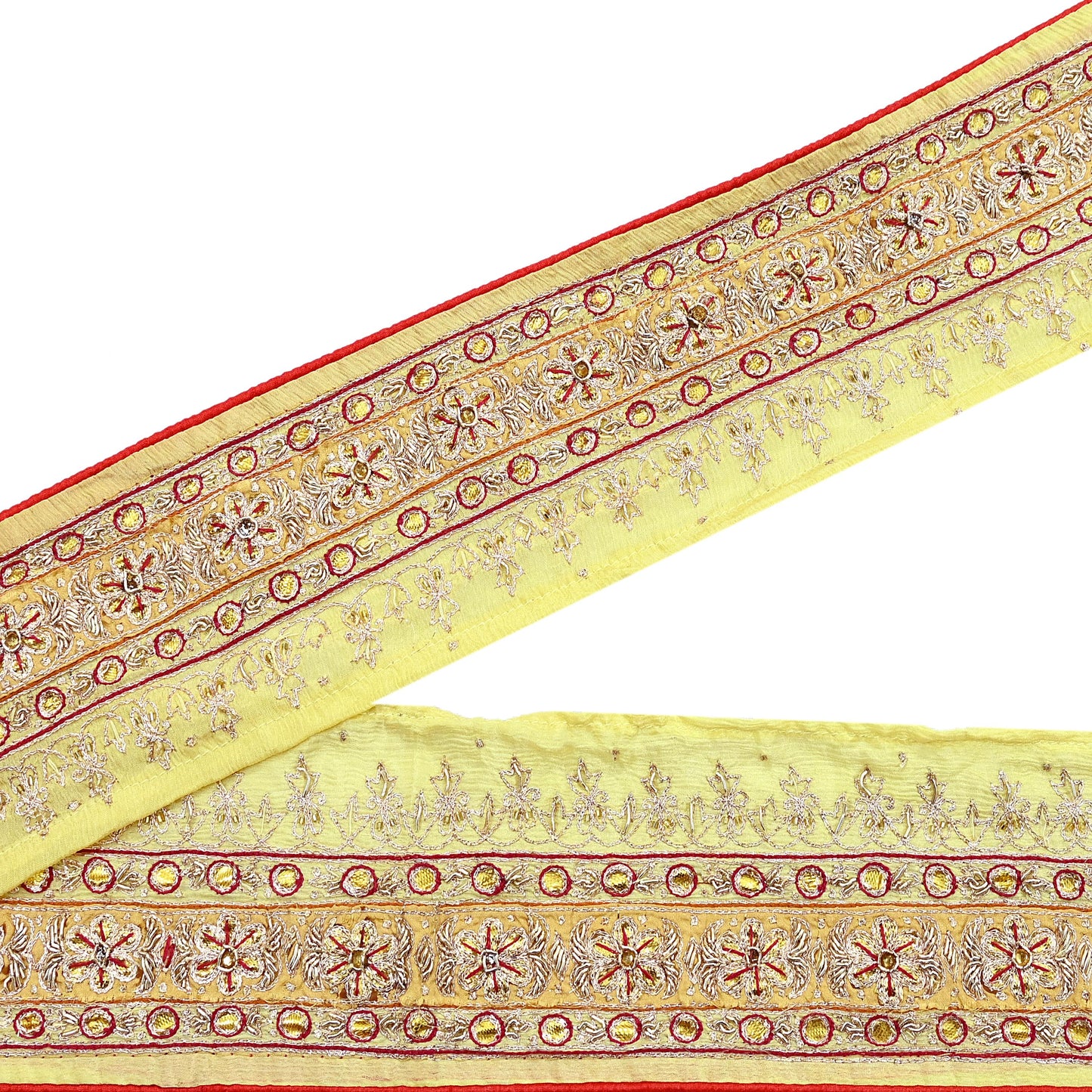 Indian Vintage Saree Border Yellow Hand Embroidered 1yd Craft Trim Lace Sewing Sari Ribbon Pure silk  Zardozi/Dabka