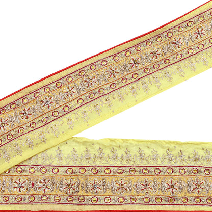 Indian Vintage Saree Border Yellow Hand Embroidered 1yd Craft Trim Lace Sewing Sari Ribbon Pure silk  Zardozi/Dabka