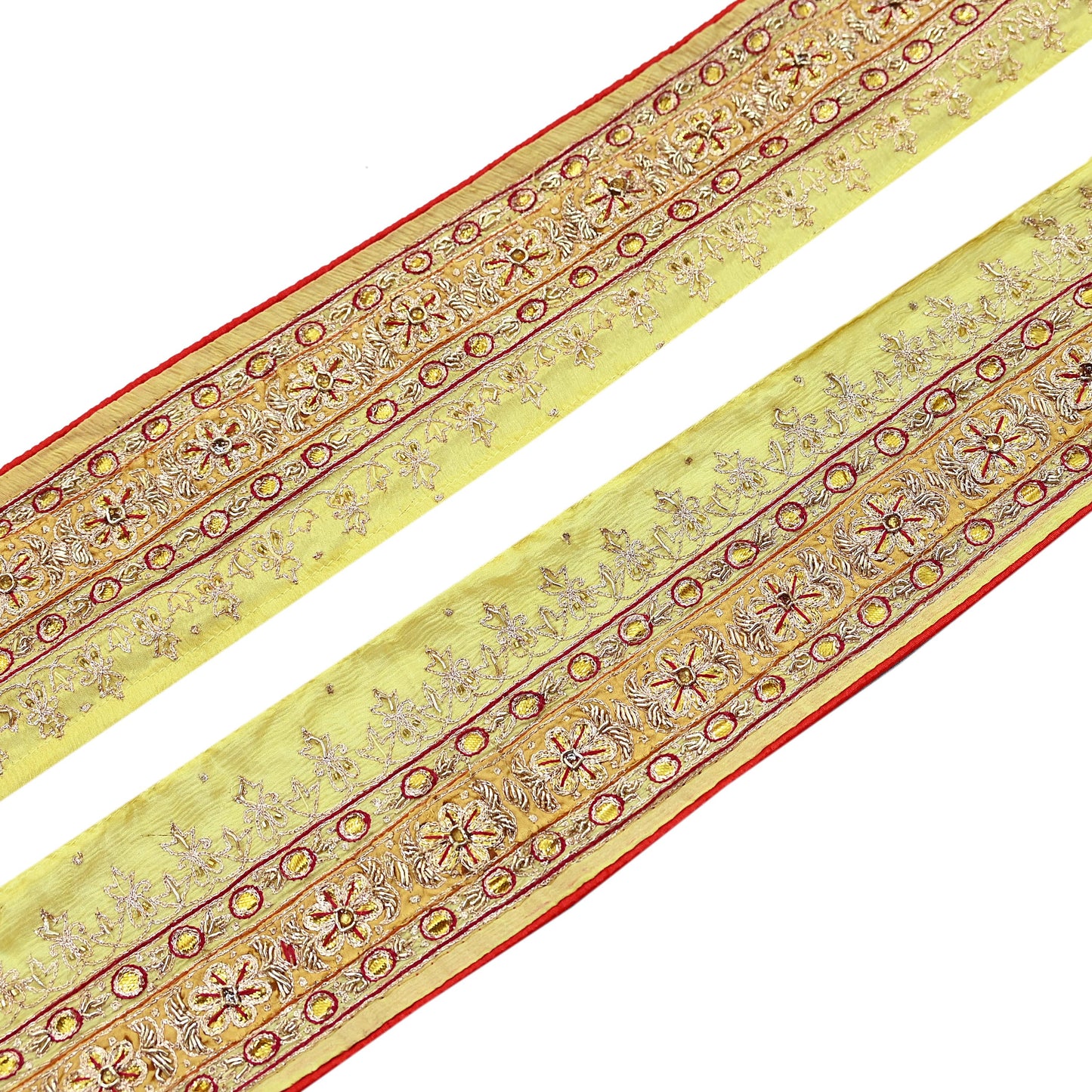 Indian Vintage Saree Border Yellow Hand Embroidered 1yd Craft Trim Lace Sewing Sari Ribbon Pure silk  Zardozi/Dabka