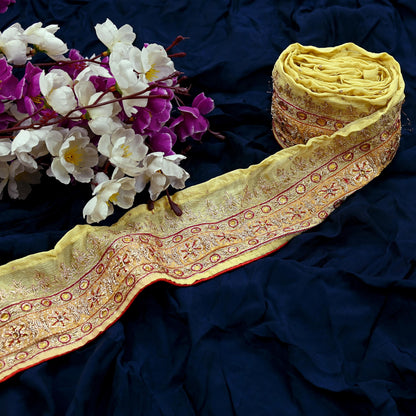 Indian Vintage Saree Border Yellow Hand Embroidered 1yd Craft Trim Lace Sewing Sari Ribbon Pure silk  Zardozi/Dabka
