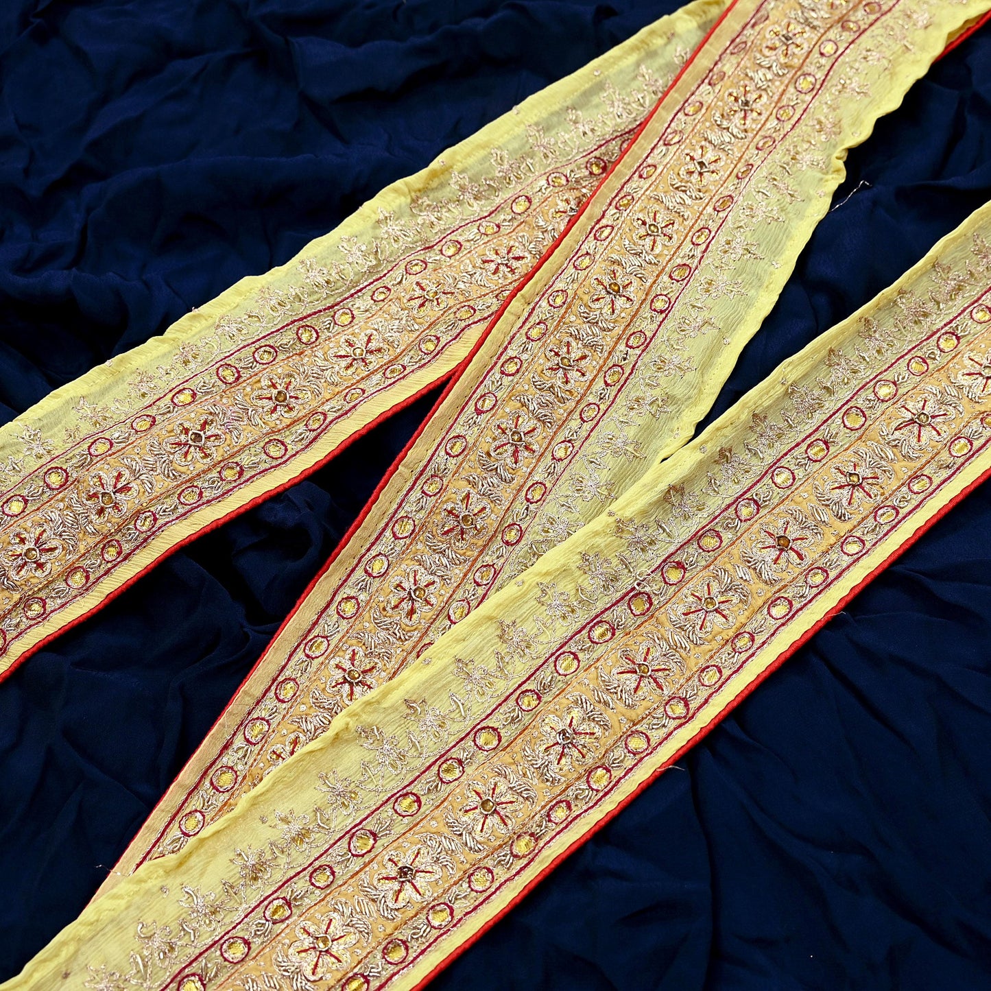 Indian Vintage Saree Border Yellow Hand Embroidered 1yd Craft Trim Lace Sewing Sari Ribbon Pure silk  Zardozi/Dabka