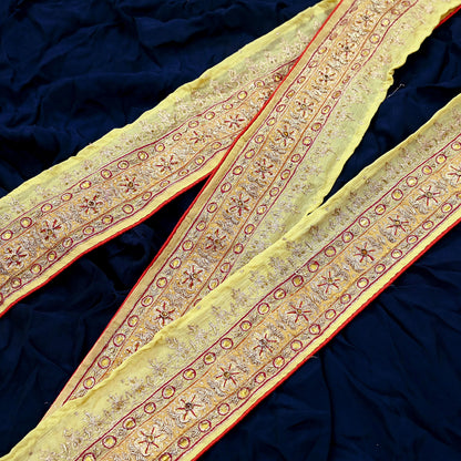 Indian Vintage Saree Border Yellow Hand Embroidered 1yd Craft Trim Lace Sewing Sari Ribbon Pure silk  Zardozi/Dabka