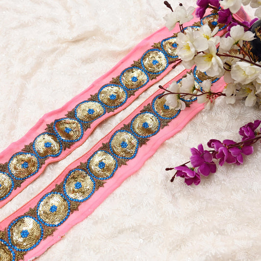 Indian Vintage Pink Sari Border Hand Embroidered 1yd Craft Trim Lace Sewing Pure Georgette Silk Ribbon Recycled Sari Border Zari