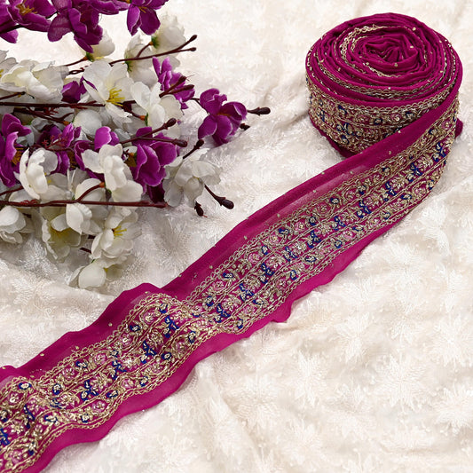 Indian Vintage Magenta Sari Border Hand Embroidered 1yd Craft Trim Lace Sewing Pure Georgette Silk Ribbon Recycled Sari Border Zari