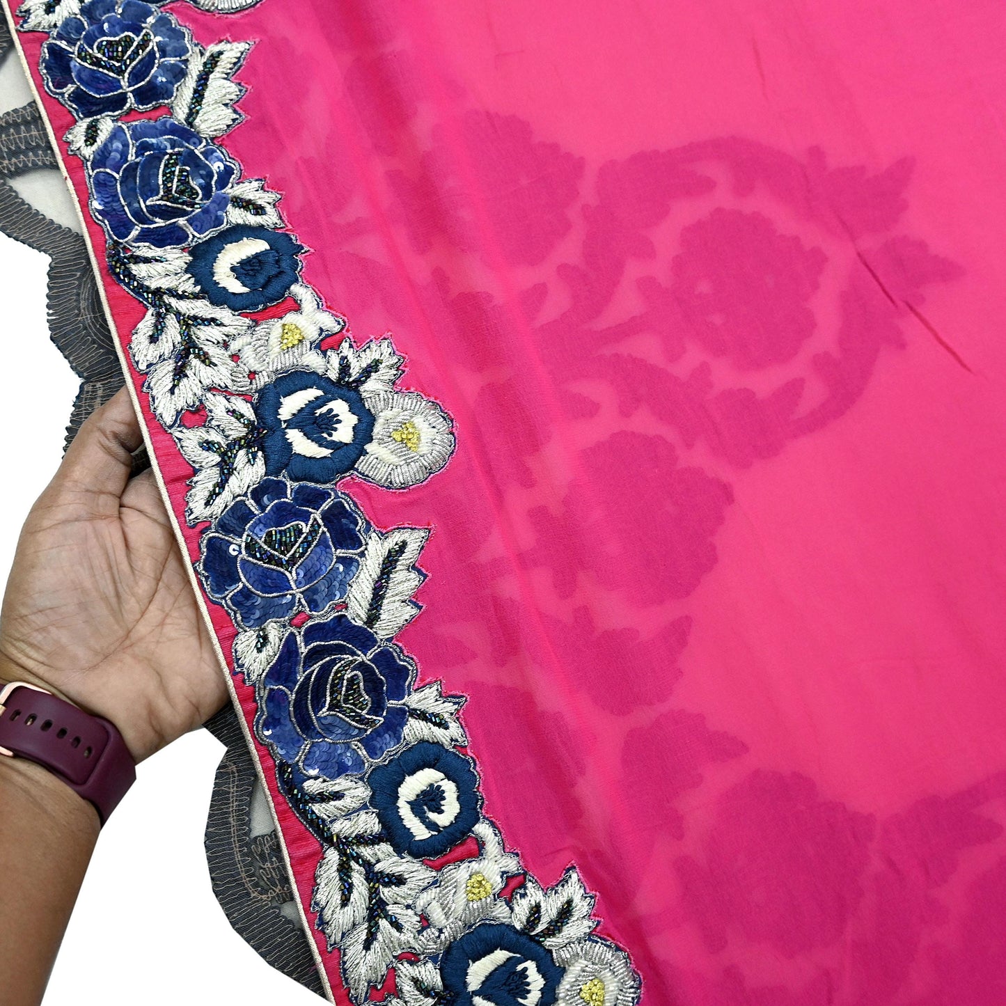 Indian Vintage Sari Pink & Beige Pure Georgette Silk/Net Hand Beaded Sarees Fabric 5Yd Sewing Ethnic Dress making Quilting Bollywood