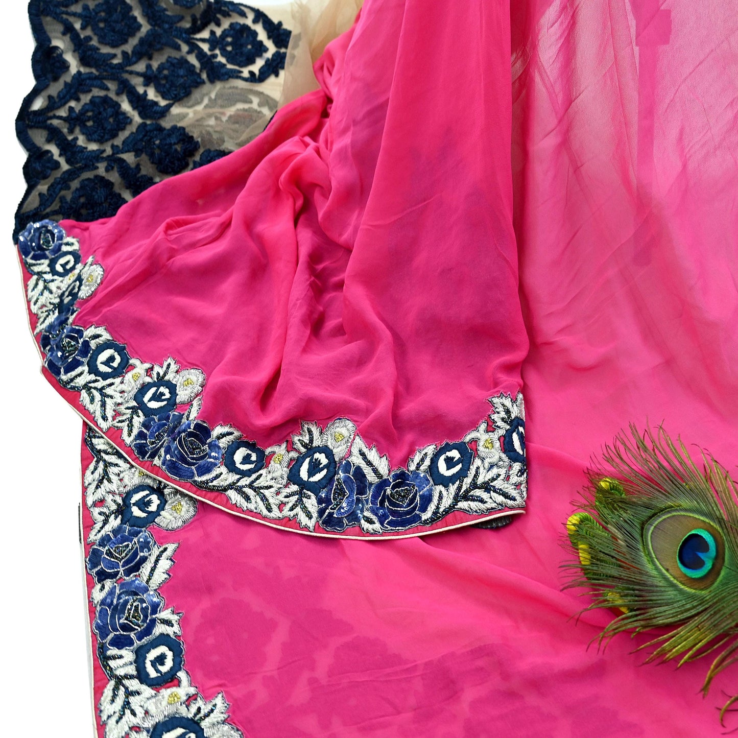 Indian Vintage Sari Pink & Beige Pure Georgette Silk/Net Hand Beaded Sarees Fabric 5Yd Sewing Ethnic Dress making Quilting Bollywood