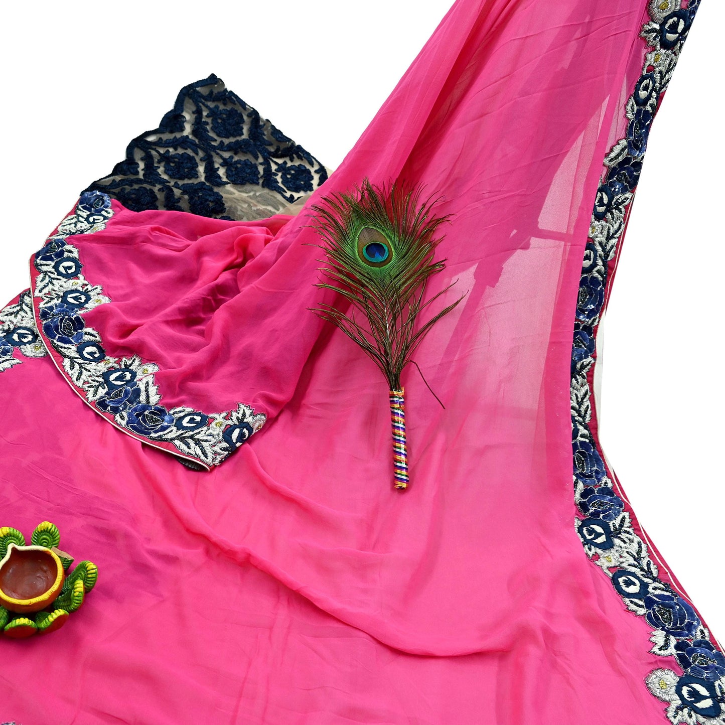 Indian Vintage Sari Pink & Beige Pure Georgette Silk/Net Hand Beaded Sarees Fabric 5Yd Sewing Ethnic Dress making Quilting Bollywood