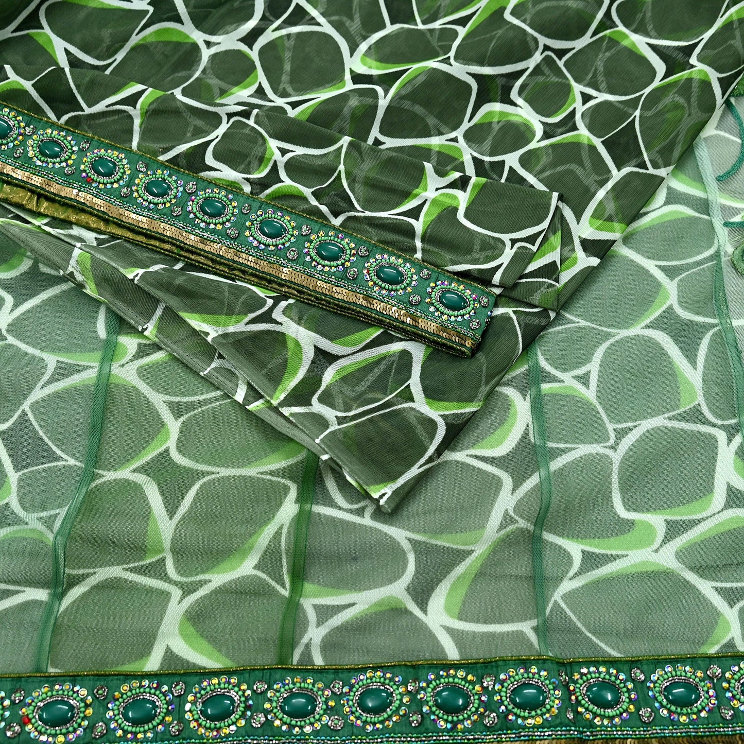 Indian Vintage Heavy Sari Green Net/Mesh Hand Embroidered Sarees Craft Fabric 5Yd Sewing Soft Zardozi Wedding sarees