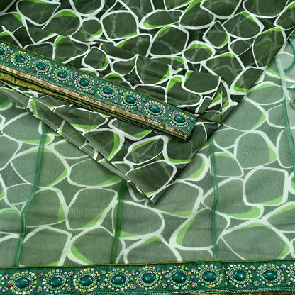 Indian Vintage Heavy Sari Green Net/Mesh Hand Embroidered Sarees Craft Fabric 5Yd Sewing Soft Zardozi Wedding sarees