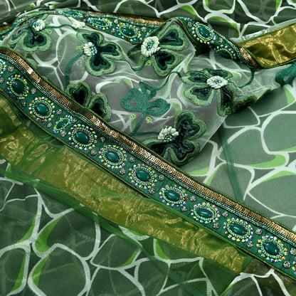 Indian Vintage Heavy Sari Green Net/Mesh Hand Embroidered Sarees Craft Fabric 5Yd Sewing Soft Zardozi Wedding sarees