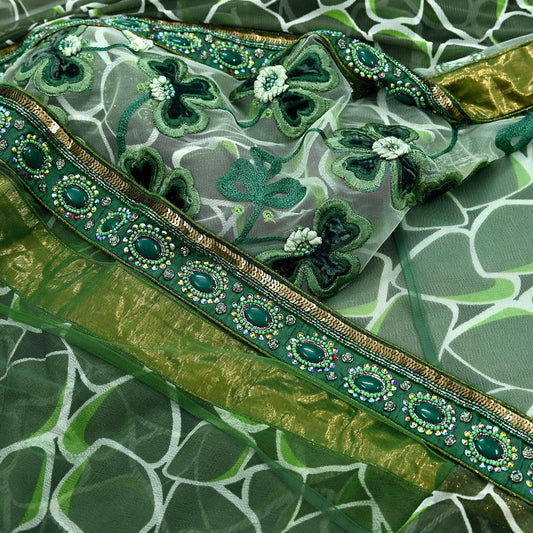 Indian Vintage Heavy Sari Green Net/Mesh Hand Embroidered Sarees Craft Fabric 5Yd Sewing Soft Zardozi Wedding sarees