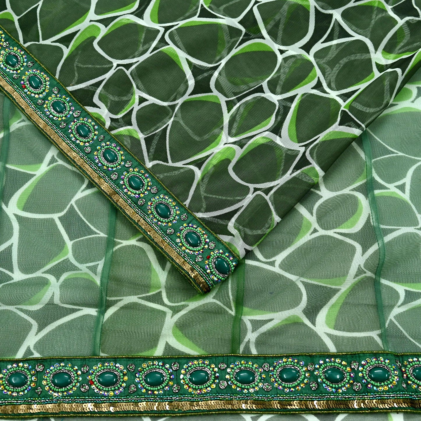 Indian Vintage Heavy Sari Green Net/Mesh Hand Embroidered Sarees Craft Fabric 5Yd Sewing Soft Zardozi Wedding sarees