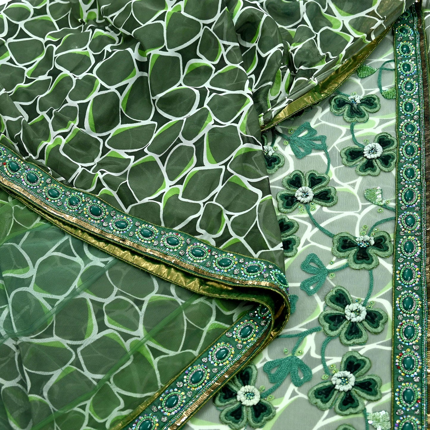 Indian Vintage Heavy Sari Green Net/Mesh Hand Embroidered Sarees Craft Fabric 5Yd Sewing Soft Zardozi Wedding sarees