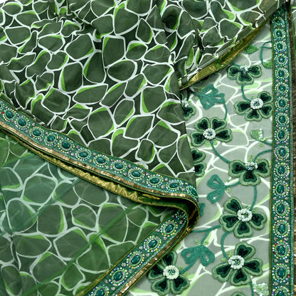Indian Vintage Heavy Sari Green Net/Mesh Hand Embroidered Sarees Craft Fabric 5Yd Sewing Soft Zardozi Wedding sarees