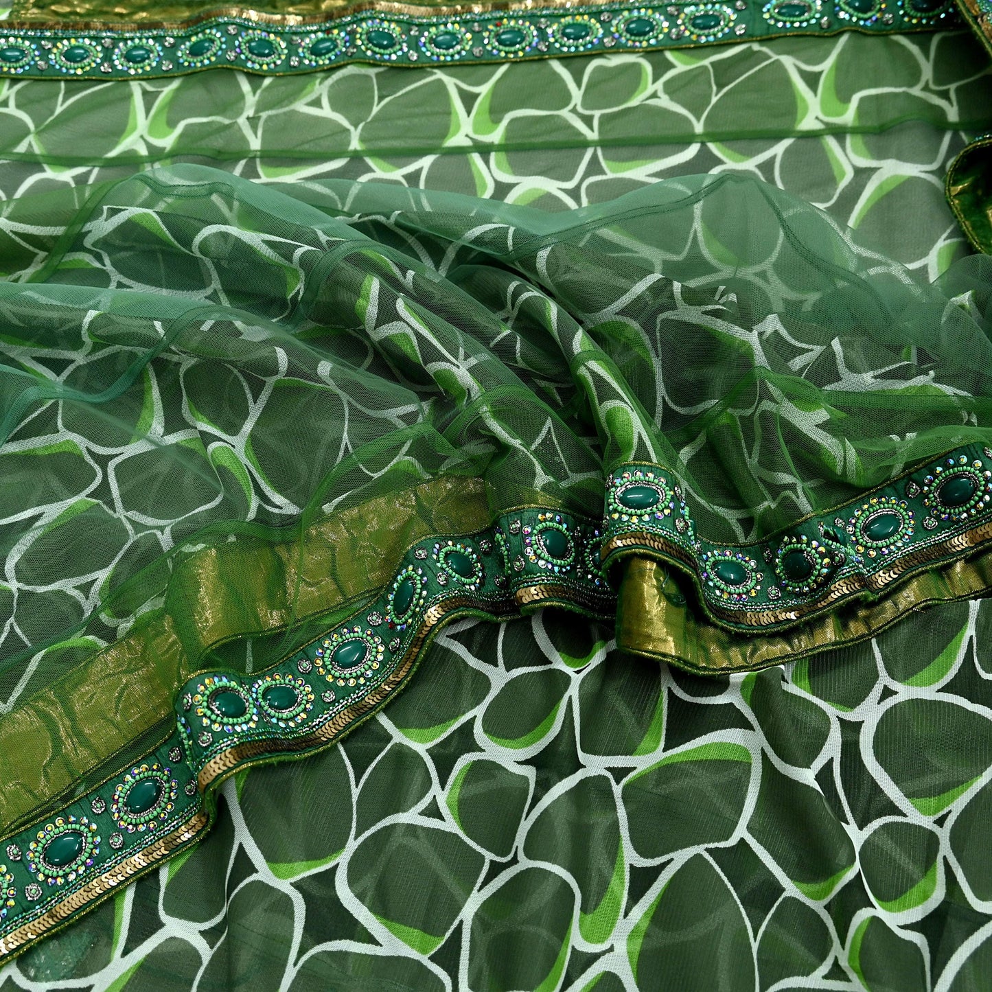 Indian Vintage Heavy Sari Green Net/Mesh Hand Embroidered Sarees Craft Fabric 5Yd Sewing Soft Zardozi Wedding sarees
