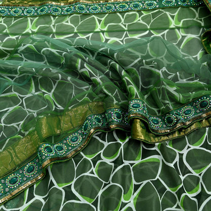 Indian Vintage Heavy Sari Green Net/Mesh Hand Embroidered Sarees Craft Fabric 5Yd Sewing Soft Zardozi Wedding sarees