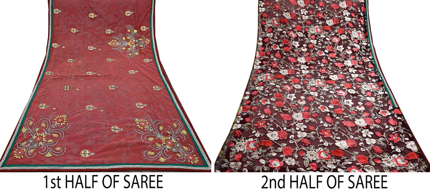 Indian Vintage Sari Peach & Brown Brasso/Net Hand Beaded Sarees Fabric 6-Yards Sewing Ethnic Dress making Quilting Bollywood saree