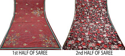 Indian Vintage Sari Peach & Brown Brasso/Net Hand Beaded Sarees Fabric 6-Yards Sewing Ethnic Dress making Quilting Bollywood saree