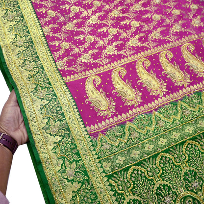 Indian Vintage Pink & Green Heavy Wedding Saree Pure Satin Silk Hand Embroidered Banarsi Brocade Sari Zari/Zardozi/Dabka 5Yd Dressmaking