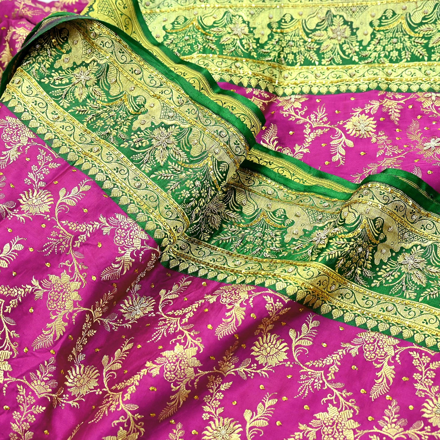 Indian Vintage Pink & Green Heavy Wedding Saree Pure Satin Silk Hand Embroidered Banarsi Brocade Sari Zari/Zardozi/Dabka 5Yd Dressmaking