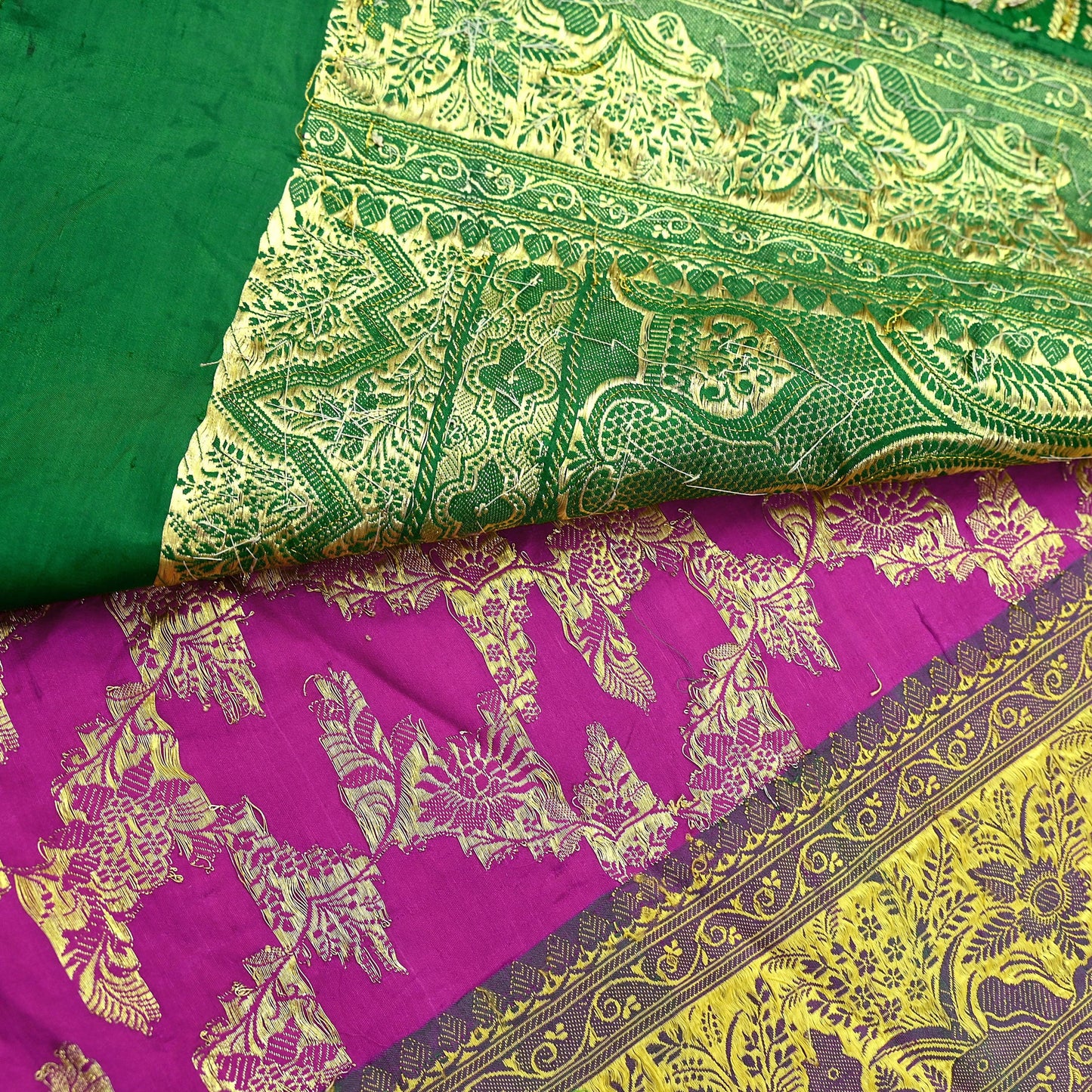 Indian Vintage Pink & Green Heavy Wedding Saree Pure Satin Silk Hand Embroidered Banarsi Brocade Sari Zari/Zardozi/Dabka 5Yd Dressmaking