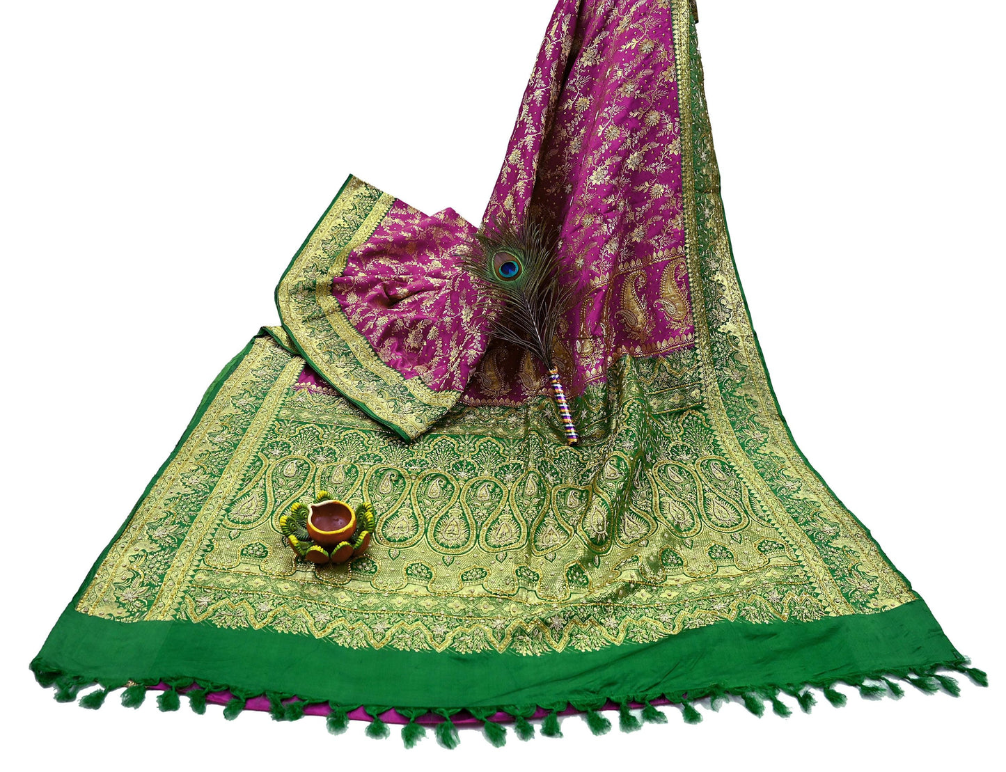 Indian Vintage Pink & Green Heavy Wedding Saree Pure Satin Silk Hand Embroidered Banarsi Brocade Sari Zari/Zardozi/Dabka 5Yd Dressmaking