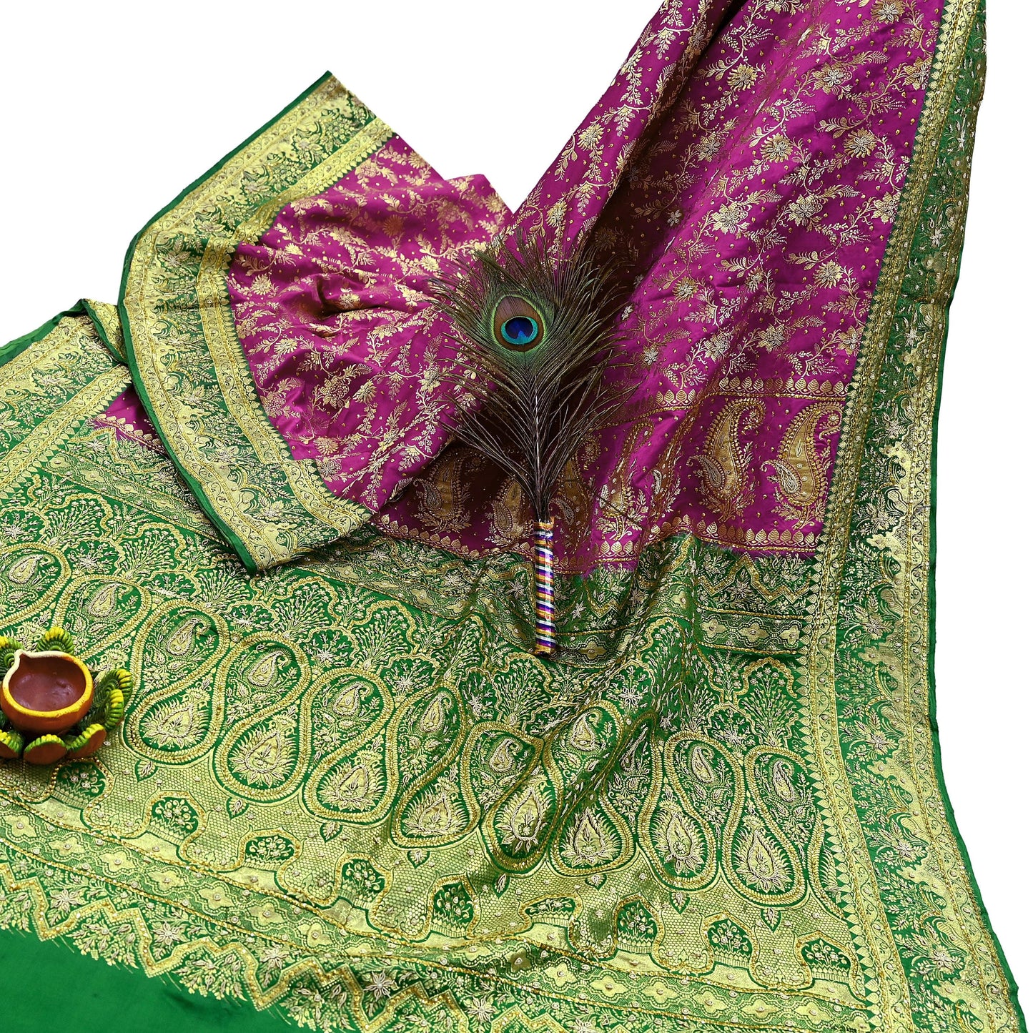 Indian Vintage Pink & Green Heavy Wedding Saree Pure Satin Silk Hand Embroidered Banarsi Brocade Sari Zari/Zardozi/Dabka 5Yd Dressmaking