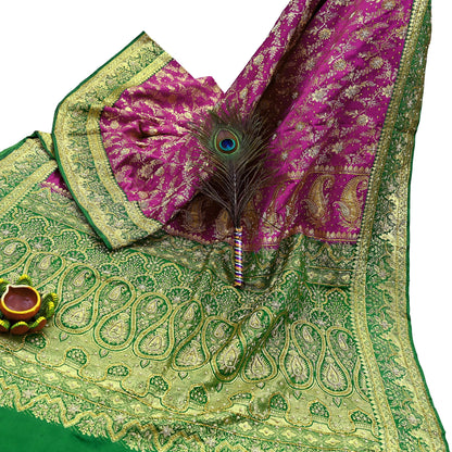 Indian Vintage Pink & Green Heavy Wedding Saree Pure Satin Silk Hand Embroidered Banarsi Brocade Sari Zari/Zardozi/Dabka 5Yd Dressmaking