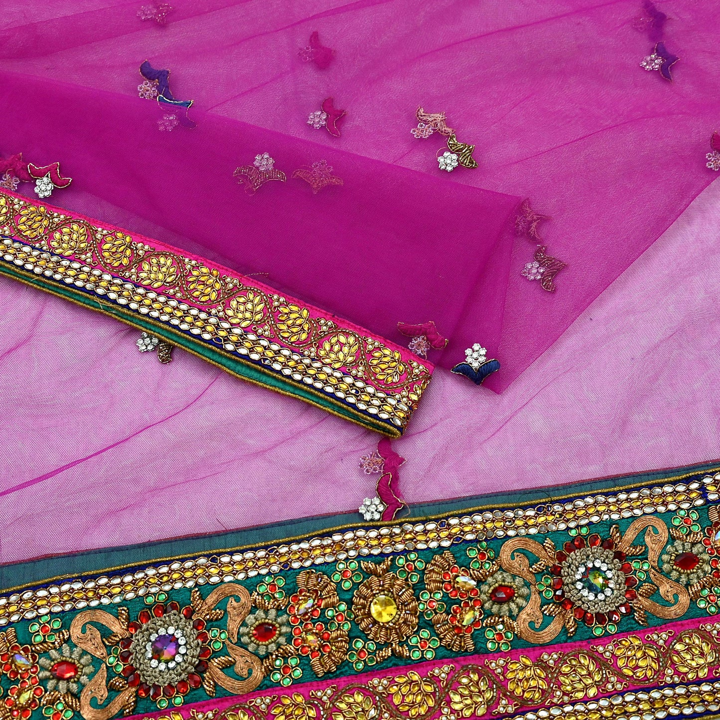 Indian Vintage Heavy Wedding Purple Dupatta Net Mesh Long Stole Hand Embroidered Scarves Golden Zardozi Dabka Zari Stole