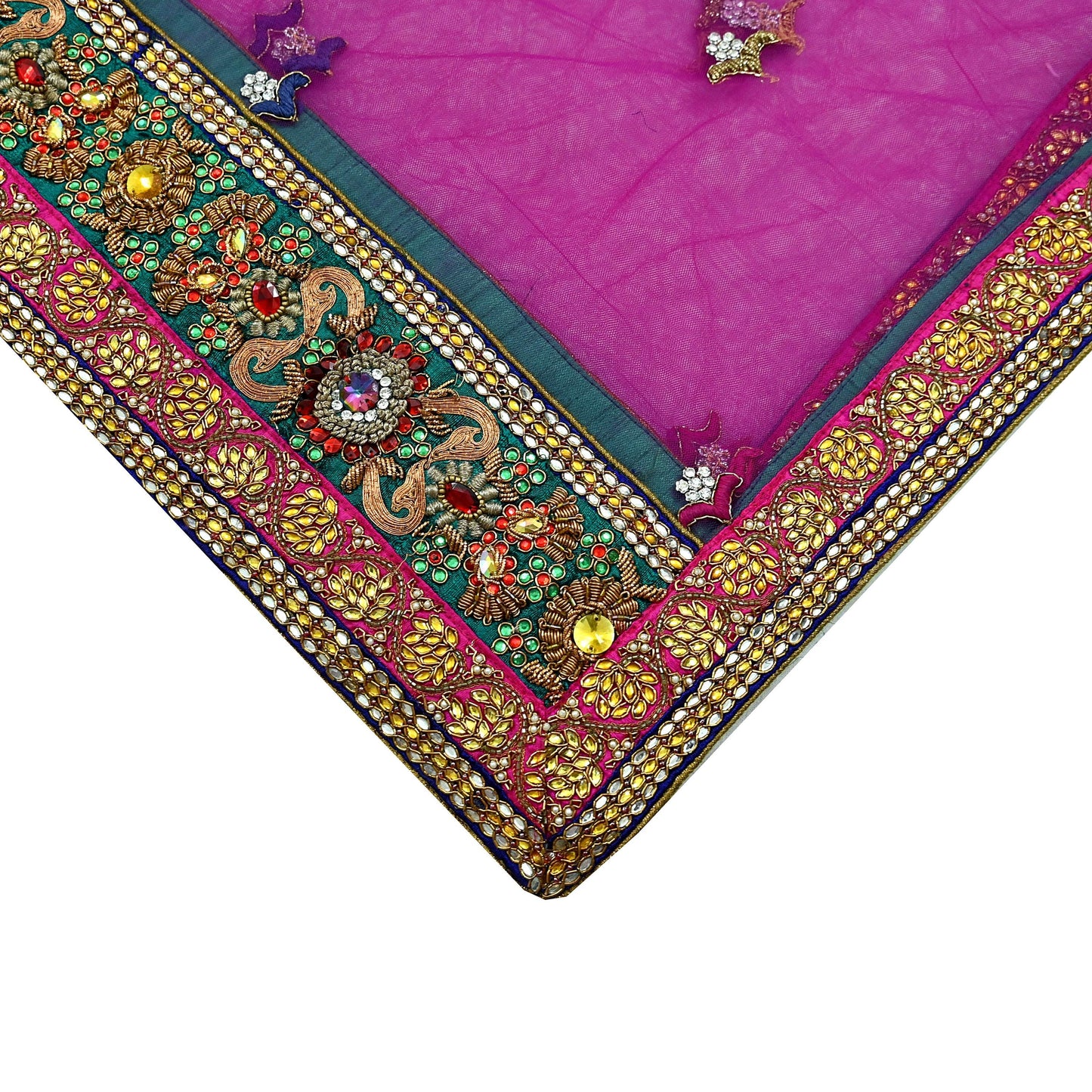 Indian Vintage Heavy Wedding Purple Dupatta Net Mesh Long Stole Hand Embroidered Scarves Golden Zardozi Dabka Zari Stole