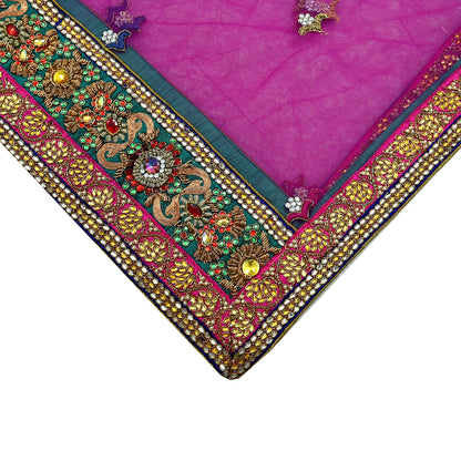 Indian Vintage Heavy Wedding Purple Dupatta Net Mesh Long Stole Hand Embroidered Scarves Golden Zardozi Dabka Zari Stole