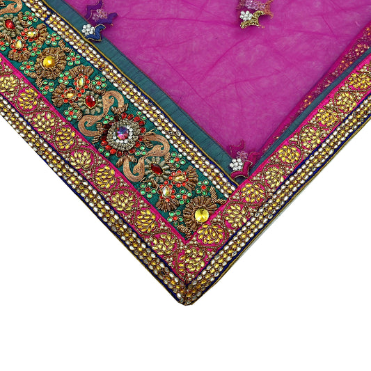 Indian Vintage Heavy Wedding Purple Dupatta Net Mesh Long Stole Hand Embroidered Scarves Golden Zardozi Dabka Zari Stole