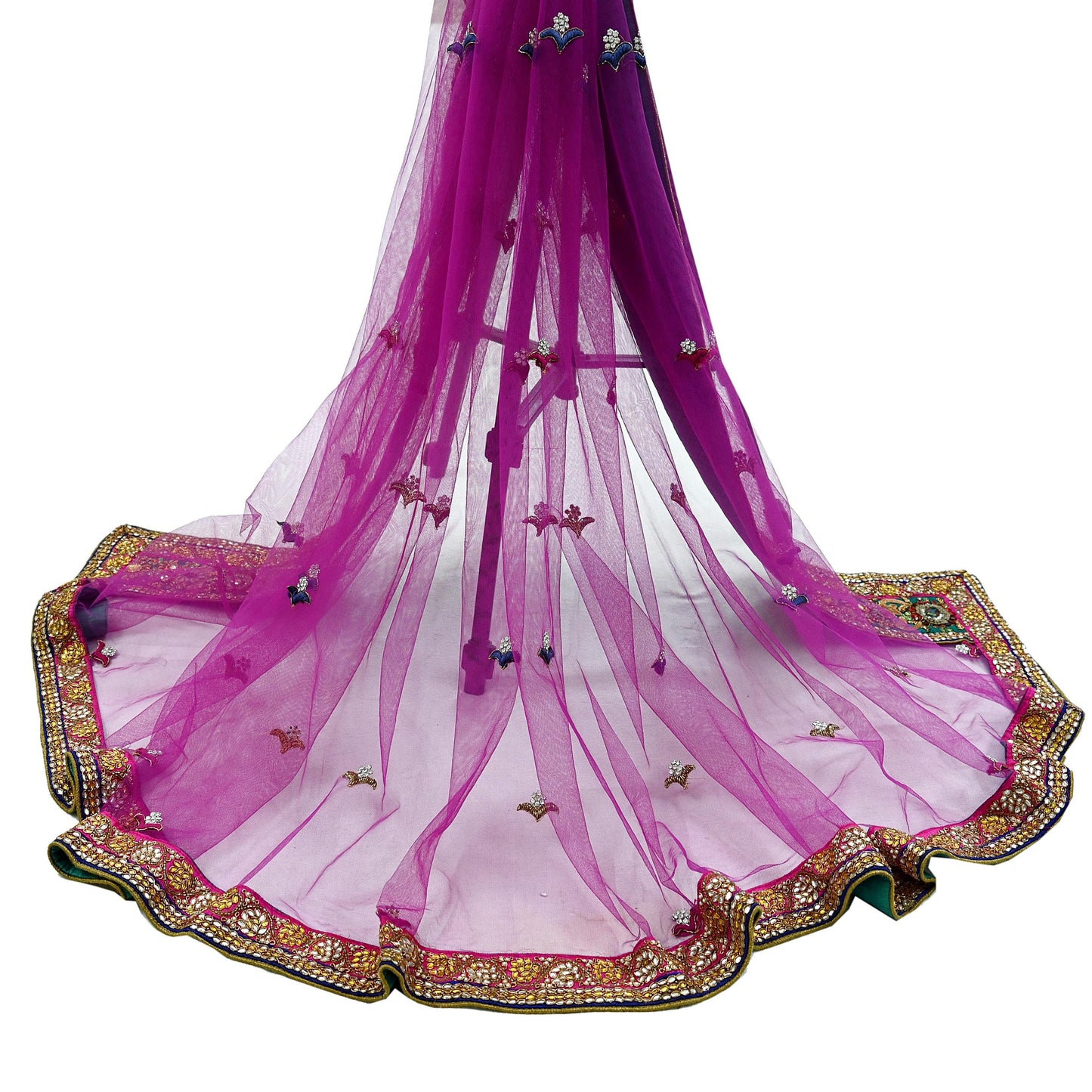 Indian Vintage Heavy Wedding Purple Dupatta Net Mesh Long Stole Hand Embroidered Scarves Golden Zardozi Dabka Zari Stole