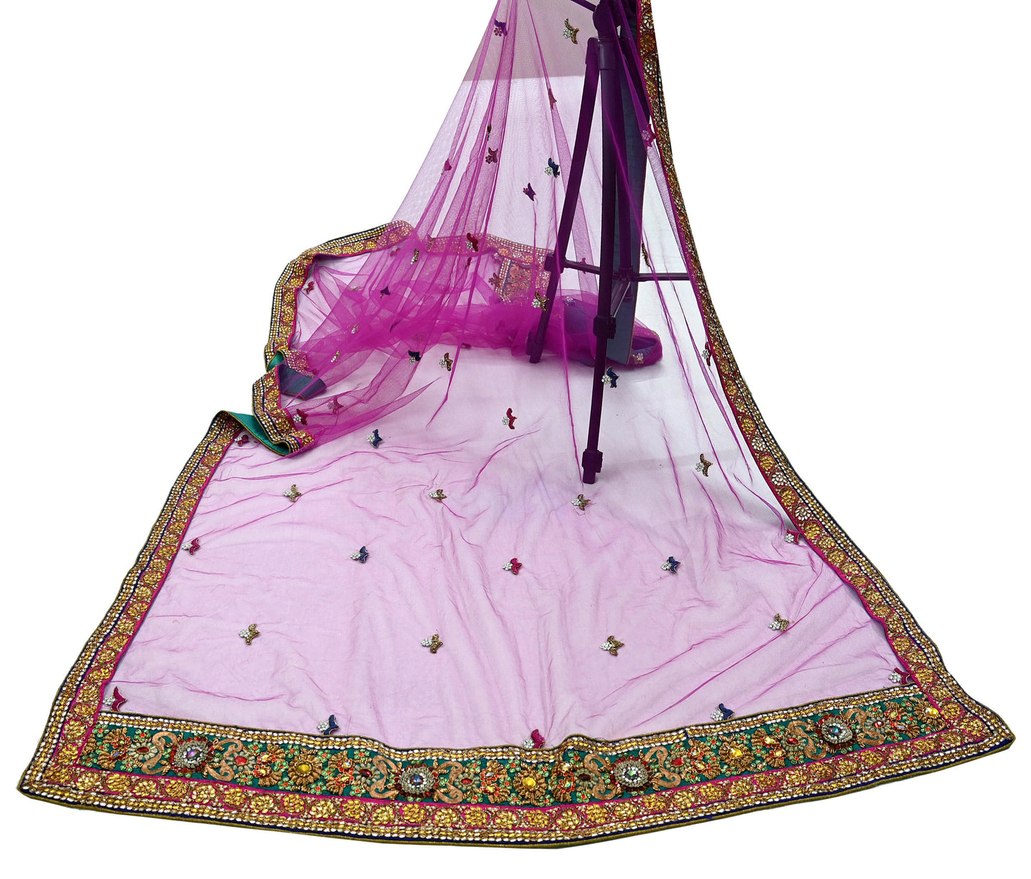 Indian Vintage Heavy Wedding Purple Dupatta Net Mesh Long Stole Hand Embroidered Scarves Golden Zardozi Dabka Zari Stole