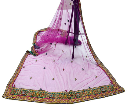 Indian Vintage Heavy Wedding Purple Dupatta Net Mesh Long Stole Hand Embroidered Scarves Golden Zardozi Dabka Zari Stole