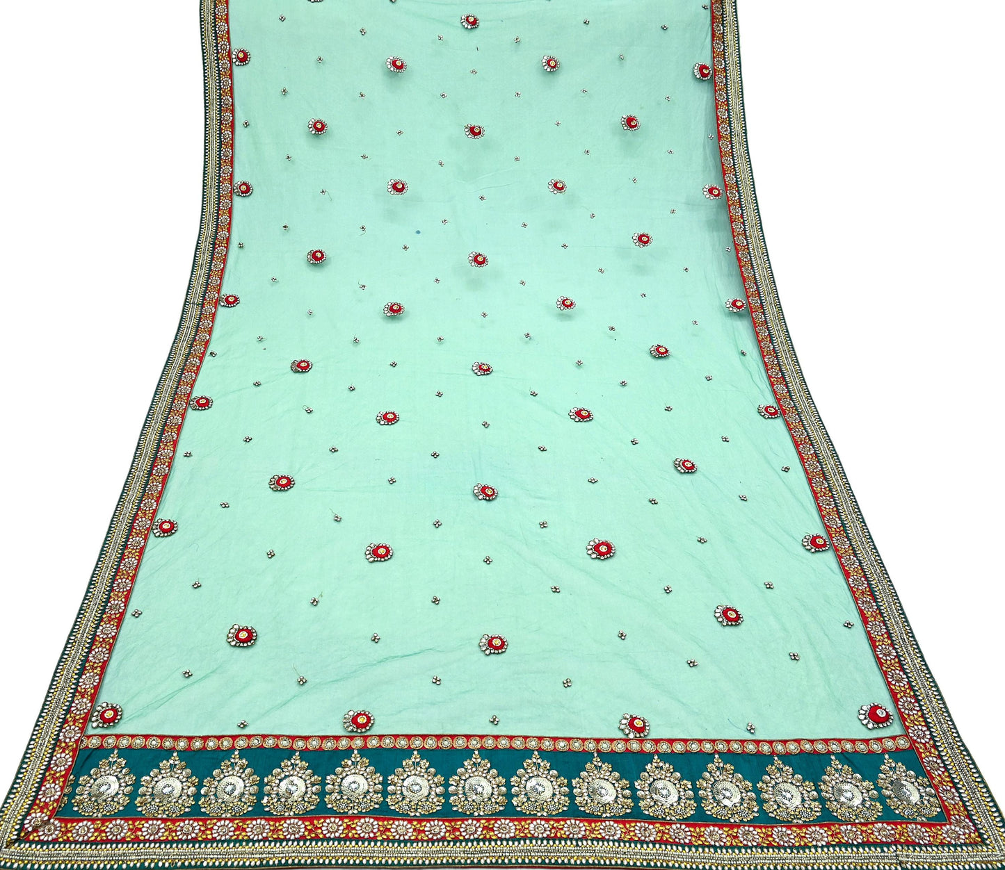 Indian Vintage Heavy Bridal Green Net Dupatta Hand Embroidered Zardozi Zari Sequins Stole Floral Design Hijab Veil Wedding/Party Wear