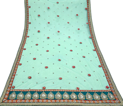 Indian Vintage Heavy Bridal Green Net Dupatta Hand Embroidered Zardozi Zari Sequins Stole Floral Design Hijab Veil Wedding/Party Wear