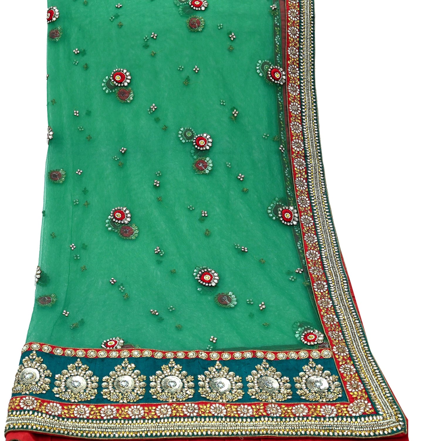 Indian Vintage Heavy Bridal Green Net Dupatta Hand Embroidered Zardozi Zari Sequins Stole Floral Design Hijab Veil Wedding/Party Wear