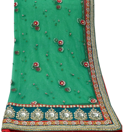 Indian Vintage Heavy Bridal Green Net Dupatta Hand Embroidered Zardozi Zari Sequins Stole Floral Design Hijab Veil Wedding/Party Wear