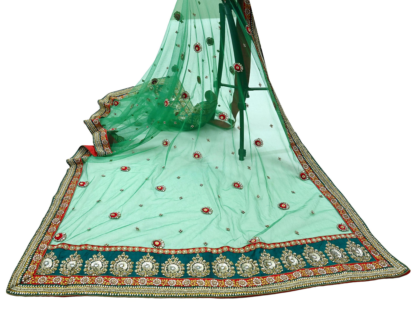 Indian Vintage Heavy Bridal Green Net Dupatta Hand Embroidered Zardozi Zari Sequins Stole Floral Design Hijab Veil Wedding/Party Wear