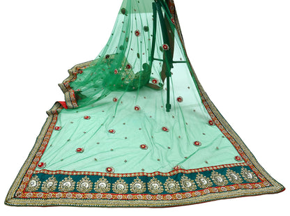 Indian Vintage Heavy Bridal Green Net Dupatta Hand Embroidered Zardozi Zari Sequins Stole Floral Design Hijab Veil Wedding/Party Wear